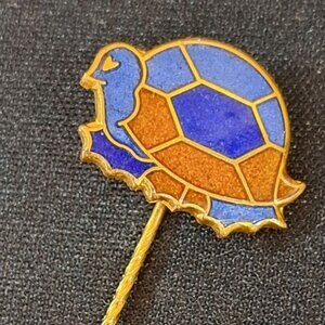Vintage Gold Plated Turtle Stick Pin Blue & Brown Enamel